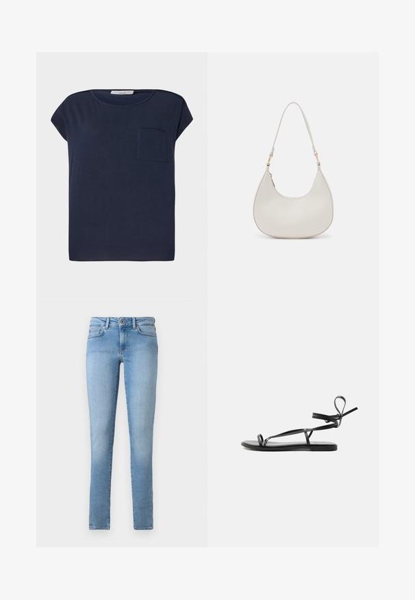 Marineblå kortærmet T-shirt lavet af letvægtsstof. Har en enkelt lomme på venstre side og en afslappet pasform.; Lyseblå denimjeans med lige ben, fem lommer og lukning med knap foran. Glat tekstur med en slidt finish.; Sort flad sandal med tynde stropper og et ankelomviklingsdesign på en ensartet lys baggrund.; Cremefarvet læder skuldertaske med en halvmåneform, tynd rem og diskrete syninger. Minimalistisk design med hardware-accenter i guldton.