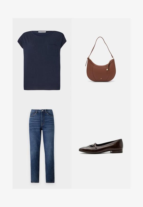 Marineblaue Kurzarm-T-Shirts aus leichtem Stoff. Besitzt eine einzelne Tasche auf der linken Seite und ein lässiges Schnittdesign.; Hochtaillierte blaue Denim-Jeans mit geradem Bein, versehen mit dezenten Tragefalten, einem Knopfverschluss und einem Fünf-Taschen-Design.; Dunkelbrauner Lackleder-Mary-Jane-Schuh mit niedrigem Absatz, rundem Zehenbereich und kleinem Schnallenriemen über dem Spann.; Braune Kunstleder-Schultertasche mit geschwungener Form, minimaler Naht und goldfarbener Hardware-Akzent. Verfügt über einen oberen Reißverschluss und einen verstellbaren Trageriemen.
