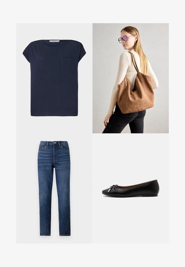 Marineblå kortærmet T-shirt lavet af letvægtsstof. Har en enkelt lomme på venstre side og en afslappet pasform.; Højtaljede blå denimjeans med lige ben, der har subtil slidmærkning, enkelt knaplukning og fem-lomme design.; Sort læder balletflat med rund tå, lille sløjfe med guldtippede ender og en lav flad hæl på en grå baggrund.; Brun ruskind tote taske med blød tekstur, stor åbning og lange stropper. Har et enkelt design med synlige syninger og ingen hardware.