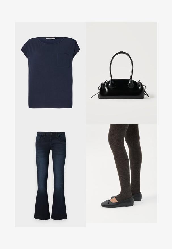 Marineblå kortærmet T-shirt lavet af letvægtsstof. Har en enkelt lomme på venstre side og en afslappet pasform.; Mørkeblå dame bootcut jeans med knap foran, fem-lomme design og let udtoning på lår og knæ mod en ensfarvet baggrund.; Ben iført mørke ribbede leggings kombineret med sorte balletsko med små sløjfedetaljer på hvid baggrund.; Lille sort blank håndtaske med to lange håndtag og snøre-detaljer i siden på en ensfarvet lys baggrund.