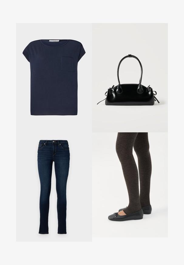 Tumed sinine lühikeste varrukatega T-särk, mis on valmistatud kergest kangast. Sellel on vasakul küljel üks tasku ja lõdva istuvuse disain.; TOM TAILOR DENIM TTJONA SKINNY FIT - Kitsa lõikega teksad - used dark stone blue denim; Jalad seljas tumedad soonelises soonelises kombines mustade baleriinadega, millel on väikesed paelade detailid valgel taustal.; Väike must läikiv käekott kahe pika sangaga ja külgedel paelakinnitustega, ühel lihtsal helel taustal.