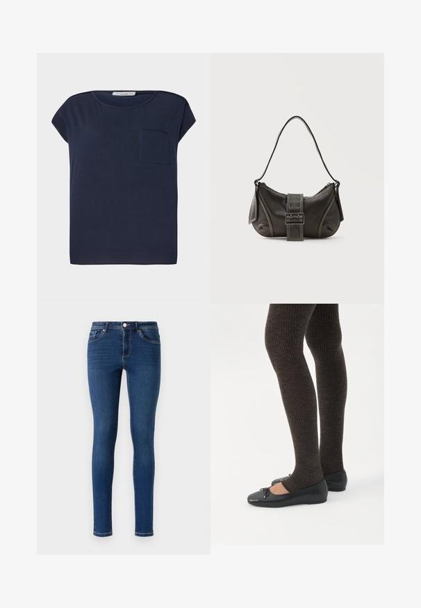 Marineblauwe T-shirt met korte mouwen van lichtgewicht stof. Heeft een enkele zak aan de linkerkant en een ontspannen pasvorm.; Skinny denim jeans in donkerblauw. Beschikt over een klassieke vijf-pocketstijl, metalen knoopsluiting en subtiele stiksels langs de naden.; Benen met donkere geribbelde leggings gecombineerd met zwarte ballerina's met kleine strikdetails op een witte achtergrond.; Zwarte leren schoudertas met gespsluiting aan de riem, afgeronde hoeken en contrasterende witte stiksels op een effen achtergrond.