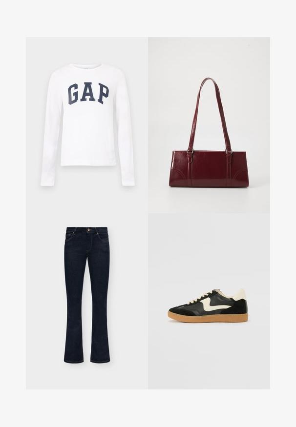 Chemise blanche à manches longues avec encolure ronde et "GAP" imprimé en grandes lettres bleu marine sur la poitrine.; Jean en denim bleu foncé avec une taille mi-haute, un bouton sur le devant et un léger évasement en bas sur un fond uni.; Baskets en daim et cuir noir avec un swoosh latéral crème et un talon crème clair. Dotées de lacets beige et d'une semelle en caoutchouc gomme.; Sac à main bordeaux en matériau brillant, de forme rectangulaire, avec deux anses et des accents légèrement courbés à l'avant.