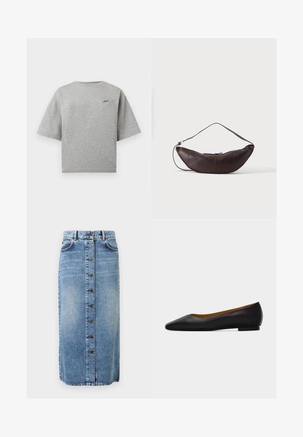 T-shirt gris clair à manches courtes et col rond avec un petit logo en écriture bleu foncé sur la poitrine gauche.; Jupe en denim bleu mi-longue avec fermeture à boutons sur le devant, passants pour ceinture et poches avant, présentée sur un fond uni.; Chaussure plate en cuir noir à bout pointu avec talon bas et finition lisse, vue de côté sur un fond gris clair.; Sac d'épaule en cuir marron foncé en forme de croissant avec une lanière courbée et des coutures visibles sur fond uni.
