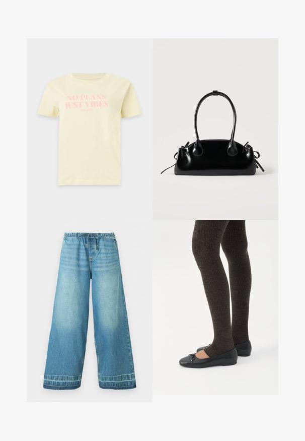 T-shirt jaune clair à manches courtes avec un texte rose disant "NO PLANS JUST VIBES" et un plus petit "PEPE JEANS" sous le texte.; Pantalon en jean bleu clair à jambes larges avec une ceinture élastique et un cordon de serrage, poches avant et détails délavés subtils.; Jambes portant des leggings côtelés foncés associés à des ballerines noires avec de petits détails en nœud sur fond blanc.; Petit sac à main noir brillant avec deux longues anses et des détails à cordon sur les côtés sur un fond clair uni.
