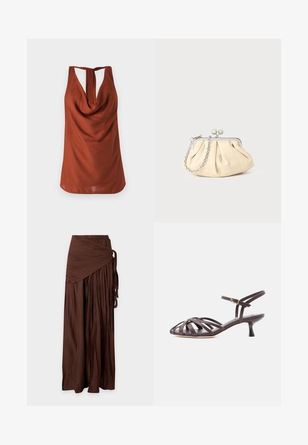 Top sans manches de couleur rouille avec un col drapé, un dos dégarni et un tissu lisse. Le design présente une coupe décontractée et sans motifs visibles.; Longue jupe plissée marron avec détail portefeuille et fermeture par lien sur le côté, en tissu léger, présentée sur fond blanc.; Sandale à talon kitten en cuir marron foncé avec lanières et bride de cheville réglable à boucle sur fond blanc.; Pochette en cuir beige plissé avec un cadre en métal argenté, dotée de deux fermoirs ronds décoratifs et d'une chaîne en argent.