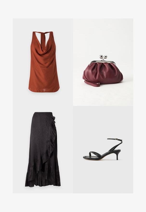 Top sans manches de couleur rouille avec un col drapé, un dos dégarni et un tissu lisse. Le design présente une coupe décontractée et sans motifs visibles.; Jupe en satin noir avec un ourlet froncé et des détails sur le côté. Le motif léopard texturé ajoute un intérêt visuel. Silhouette longue et fluide.; Sandale pour femme en cuir noir avec fines lanières, une boucle d'orteil, une boucle à la cheville et un talon aiguille de hauteur moyenne sur un fond neutre.; Petit sac pochette en cuir bordeaux avec fermoir métallique argenté et bracelet sur fond blanc.