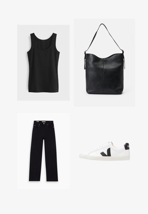 Débardeur noir sans manches avec encolure ronde, présenté à plat sur un fond gris clair.; Jean en denim noir avec une coupe droite, cinq poches, matériel en cuivre et texture lisse. Deux étiquettes visibles sur la taille.; Baskets blanches avec un logo V noir, présentant un dessus en cuir lisse, un bout rond, un système de laçage et un empiècement au talon noir contrastant.; Sac à bandoulière en cuir noir avec une texture lisse, un dessus arrondi, une seule sangle et un design minimaliste sans matériel visible.
