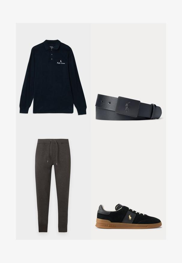 Tumesinise värvi pikade varrukatega polo särk, mis on valmistatud puuvillast, vooderdatud kraega, kolmesuunalise nööbiga ja valgele tikandiga "Ralph Lauren" logo hobusega.; Tumedat hallid spordipüksid pehmest materjalist, millel on elastne vöökoht nööriga, kitsenevad sääred ja pahkluudes mansetid.; Mustad madala säärega tossud valgete paelte, pruuni kummist tallaga ja kuldse Polo logoga küljel ning kanna tagusel ribal.; Mustast nahast vöö musta ristkülikukujulise luku ja reljeefse polo mängija logoga.
