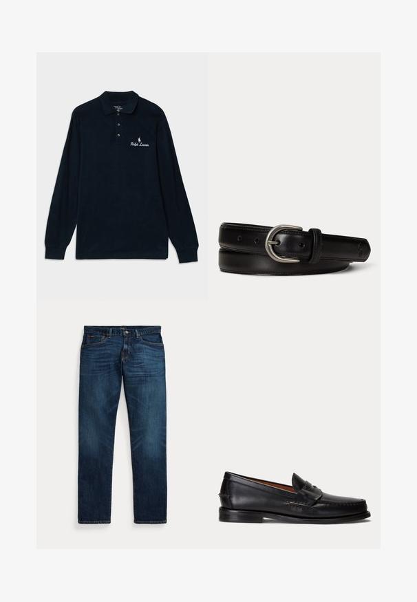 Námořnická polo košele s dlouhým rukávem vyrobená z bavlny, s límečkem, třemi knoflíky a bílým vyšitým logem "Ralph Lauren" s koněm.; Tmavomodré riflové nohavice s jemným vyblednutím na stehnách a vreckách, zapínaním na gombík a zips a dizajnom s piatimi vreckami, rozložené na bielom pozadí.; Čierny kožený mokasín s nízkym podpätkom a detailom s penny remienkom, zobrazený z boku na svetlosivom pozadí.; Čierny kožený opasok so striebornou oválnou prackou, prešitými okrajmi a vyrazeným malým logom pri špicatom konci, ležiaci zvitý na bielom pozadí.