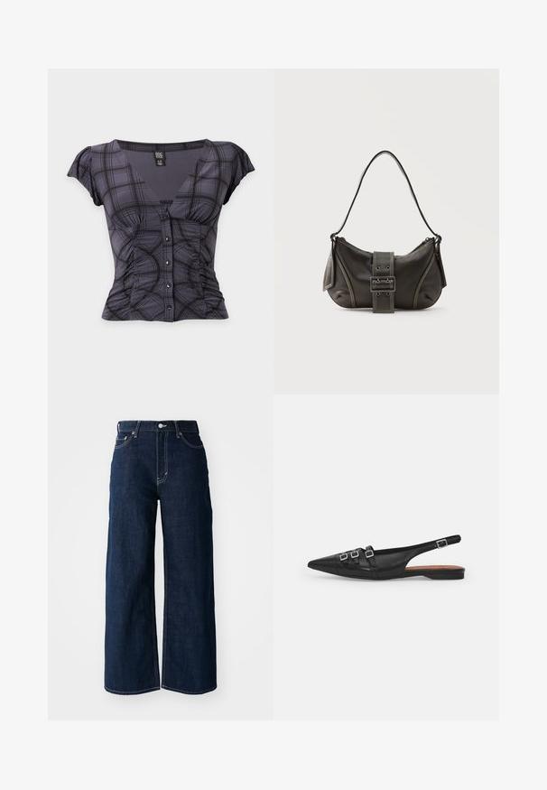 Short-sleeve dark gray plaid blouse with V-neck, button front, ruched sides, and flutter sleeves, size small.; Wide-leg dark blue denim jeans with contrast stitching, five-pocket design, and a button closure at the waist.; Black leather slingback flat shoe with pointed toe, featuring two horizontal straps and square silver buckles, low heel, and smooth texture.; Black leather shoulder bag with a buckle strap detail, curved edges, and contrasting white stitching on a plain background.