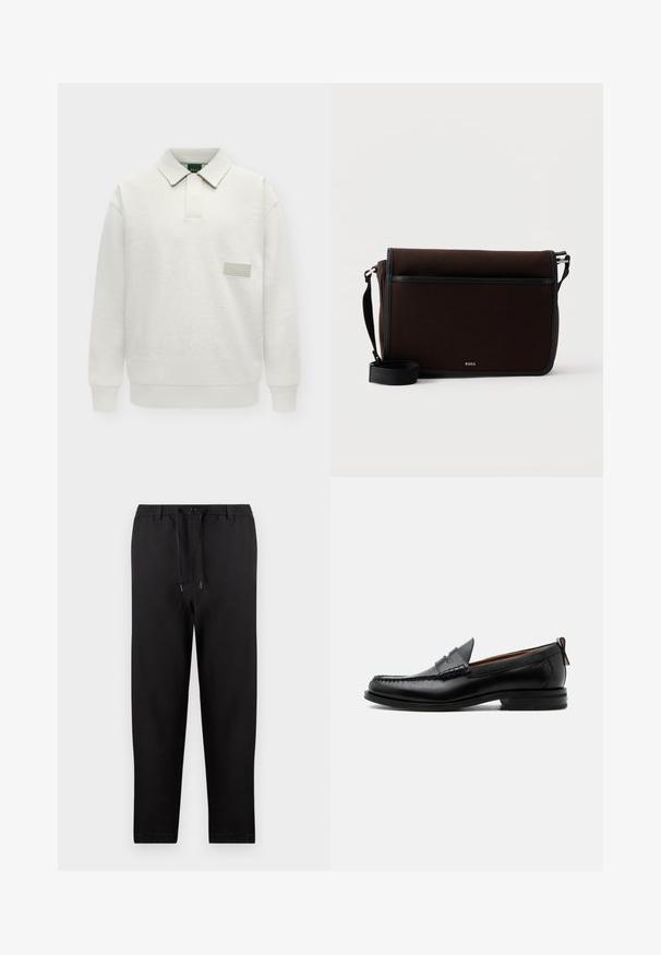 Sweat-shirt polo blanc à manches longues avec col et petit patch logo rectangulaire sur la poitrine indiquant "BOSS."; Pantalon noir droit avec taille élastique, cordon réglable et fermeture par bouton, présenté sur un fond uni.; Mocassin homme en cuir noir avec couture moc toe, bride penny, col texturé et petit talon empilé sur fond blanc.; Sac messager en tissu brun foncé avec une sangle noire ajustable et un petit logo argenté "BOSS" sur le rabat avant.