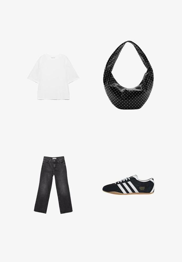 T-shirt blanc oversize à manches courtes avec col rond, design uni, et coutures d'épaule tombantes sur fond blanc.; Jean noir à jambes larges avec poches avant et arrière, fermeture par bouton et passants de ceinture, posé à plat sur fond blanc.; Sneakers en suede noir avec trois bandes blanches, logo doré et semelle en caoutchouc marron. Présente un design à lacets à profil bas.; Sac à main en cuir noir à la forme souple, orné de clous en argent et doté d'une large bandoulière. Texture lisse avec un design froncé.