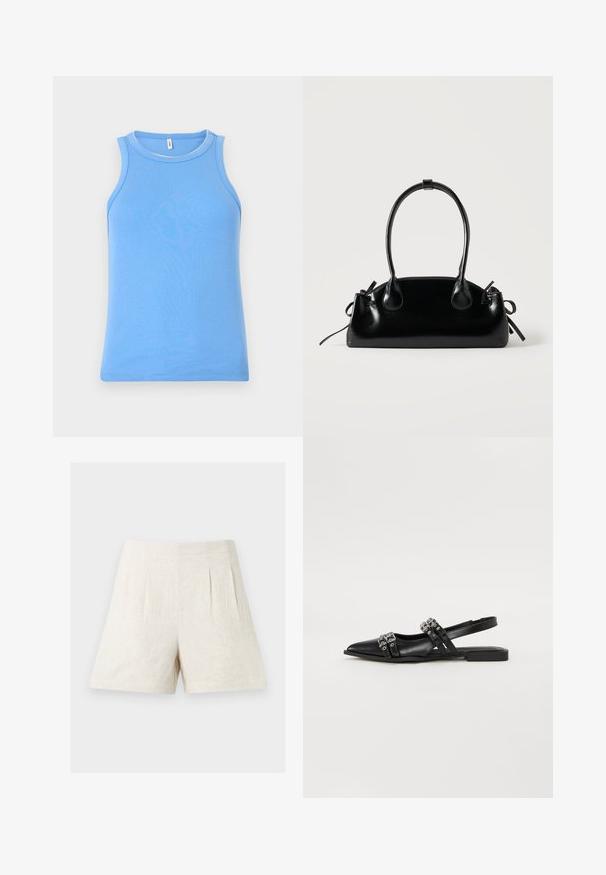 Haut débardeur bleu sans manches avec un col rond et un léger détail de couture autour du col, présenté sur un fond uni.; Shorts en lin beige taille haute avec plis devant et jambes larges, présentés sur un fond clair uni.; Even&Odd Ballerines à brides arrière - black; Petit sac à main noir brillant avec deux longues anses et des détails à cordon sur les côtés sur un fond clair uni.