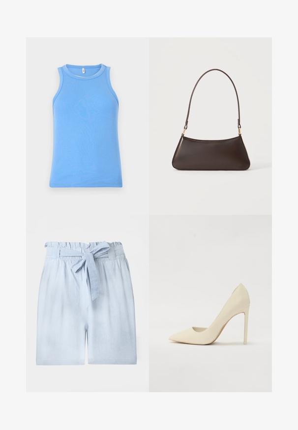 Haut débardeur bleu sans manches avec un col rond et un léger détail de couture autour du col, présenté sur un fond uni.; Shorts bleu clair taille haute avec taille élastiquée froncée et ceinture en tissu assortie nouée.; Escarpin crème à bout pointu en cuir lisse, avec un talon aiguille fin et un léger détail découpé sur les côtés.; Sac à main en cuir marron foncé avec une fermeture éclair incurvée en haut et une fine bandoulière avec des fermoirs dorés sur un fond uni.