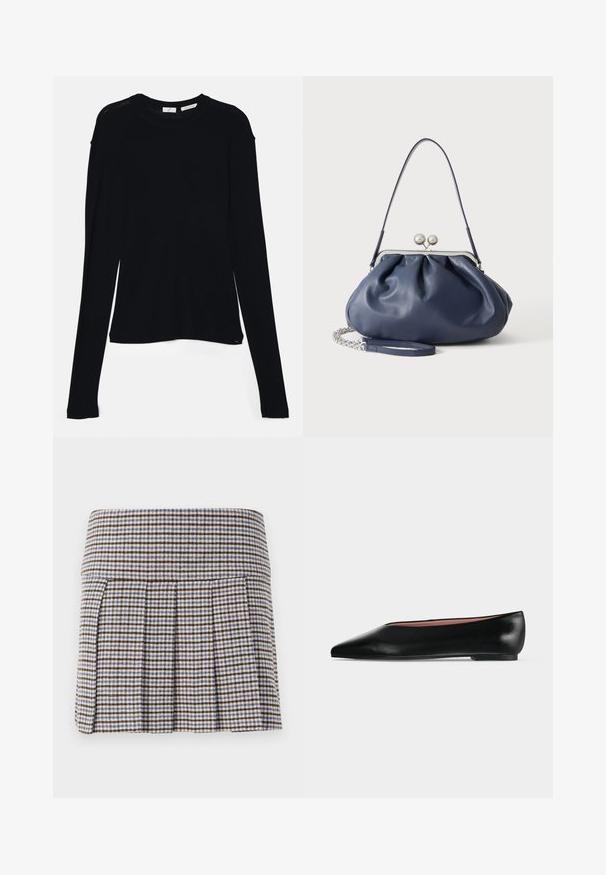 Haut noir à manches longues en tissu doux, avec un col rond et une coupe décontractée, doté de fentes sur les côtés à l'ourlet pour faciliter les mouvements.; Jupe plissée dans un motif écossais marron, beige et bleu. Fabriquée à partir d'un tissu texturé avec une taille ajustée et des plis décoratifs.; Chaussure plate en cuir noir pour femme, avec bout pointu et petit talon, vue de côté sur un fond gris clair uni.; Sac à main en cuir bleu marine doux avec fermeture à boucle argentée, une seule bandoulière, et une chaîne de poignet amovible sur fond blanc.