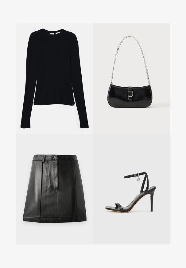 Haut noir à manches longues en tissu doux, avec un col rond et une coupe décontractée, doté de fentes sur les côtés à l'ourlet pour faciliter les mouvements.; Jupe en cuir noir avec une forme structurée, dotée d'une poche avant et d'un accent métallique à la taille. Texture lisse et détails de couture.; Sandale à talon haut noire avec une bride étroite à la cheville, bout carré, cuir lisse et accent de boucle métallique.; Sac à épaule en cuir verni noir avec détail de boucle argentée et bandoulière en chaîne argentée, présenté sur un fond uni clair.