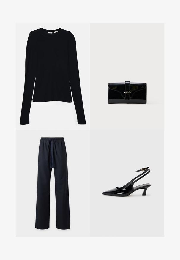 Haut noir à manches longues en tissu doux, avec un col rond et une coupe décontractée, doté de fentes sur les côtés à l'ourlet pour faciliter les mouvements.; Pantalon de pyjama noir ample avec un motif subtil de petits pois et une taille élastique avec un cordon noir à nouer à l'avant.; Escarpins à brides arrière en cuir verni noir, à bout pointu, avec un petit talon carré et une sangle de cheville ajustable dotée d'une boucle dorée.; Portefeuille rectangulaire brillant noir avec une sangle frontale et une fermeture à boucle en métal argenté, présenté sur un fond blanc uni.
