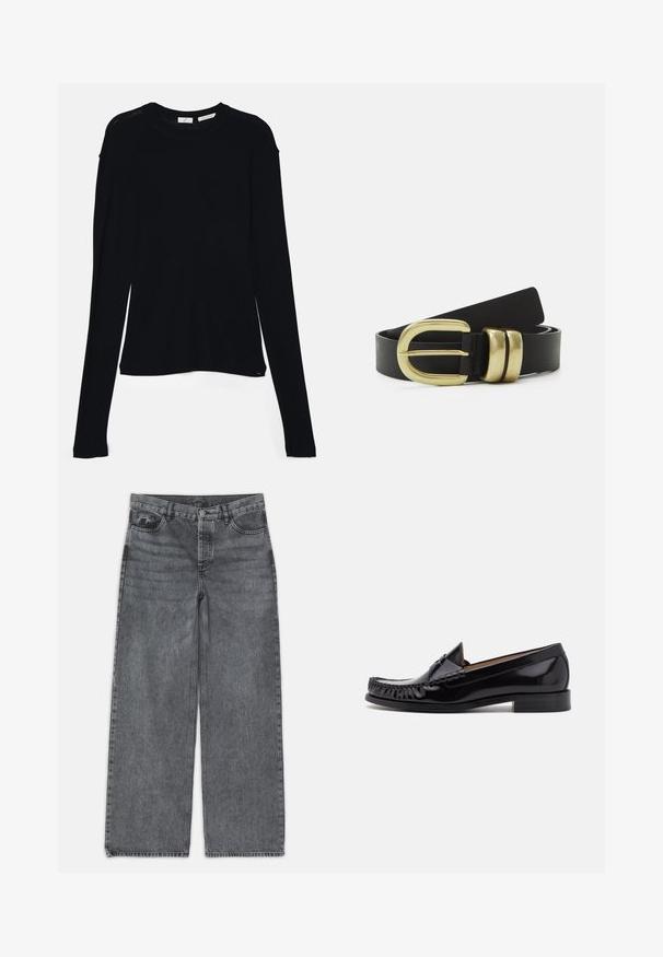 Haut noir à manches longues en tissu doux, avec un col rond et une coupe décontractée, doté de fentes sur les côtés à l'ourlet pour faciliter les mouvements.; Jeans large en denim gris foncé. Comprend une taille haute, un design à cinq poches et une fermeture à bouton à l'avant. Texture lisse avec un léger dégradé.; Mocassin en cuir noir avec une finition brillante, présentant des franges à l'avant et un petit talon empilé.; Ceinture en cuir noir dotée d'une grande boucle dorée avec deux accents arrondis, texture lisse et design élégant.