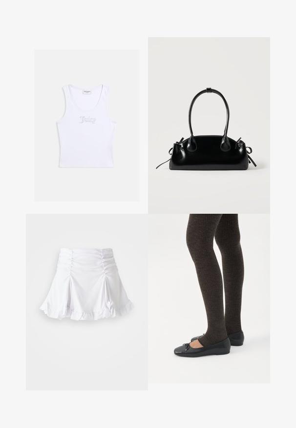 Top court blanc sans manches en tissu côtelé avec encolure dégagée et "Juicy" écrit en strass sur la poitrine.; Jupe blanche en tissu texturé avec des détails froncés et un ourlet volanté. Présente un design évasé avec une taille ajustée.; Jambes portant des leggings côtelés foncés associés à des ballerines noires avec de petits détails en nœud sur fond blanc.; Petit sac à main noir brillant avec deux longues anses et des détails à cordon sur les côtés sur un fond clair uni.