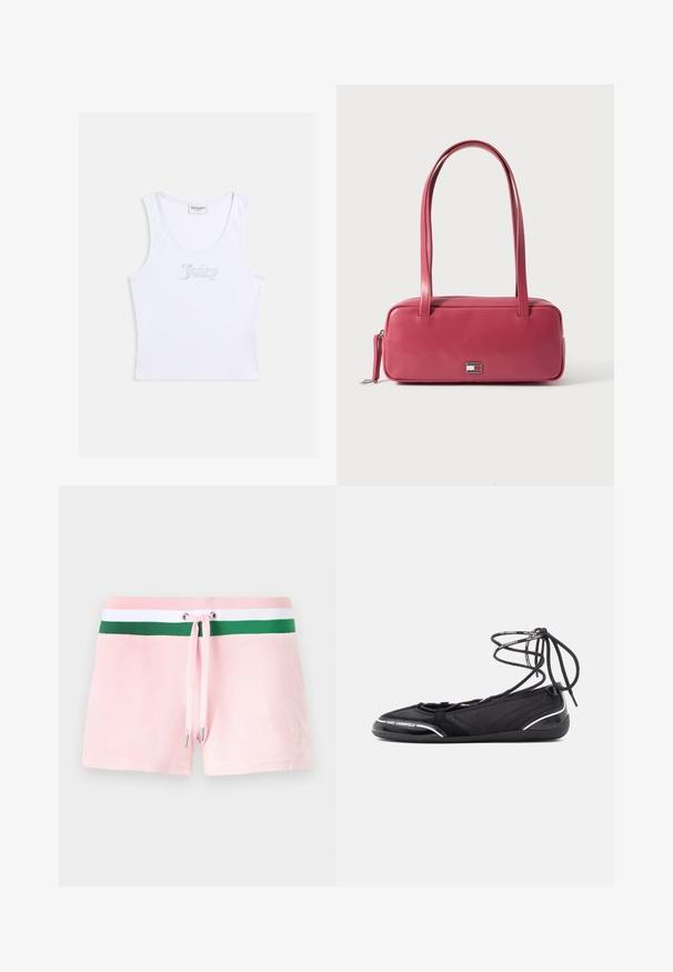 Top court blanc sans manches en tissu côtelé avec encolure dégagée et "Juicy" écrit en strass sur la poitrine.; Shorts en coton rose avec une ceinture rayée verte et blanche, dotées d'un cordon de serrage et de pointes en métal argenté. Logo subtil brodé sur le côté.; Ballerines noires avec une tige texturée et un design à lacets. Accents argentés remarquables et semelle en caoutchouc souple pour plus de flexibilité.; Sac à main en cuir rose de forme rectangulaire, avec deux anses et un petit emblème en métal sur le devant, présentant une texture lisse et brillante.