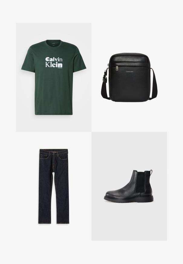 Donkergroene T-shirt met korte mouwen en ronde hals, voorzien van witte "Calvin Klein" logo-tekst in het midden op de voorkant.; Donkerblauwe recht gesneden denim jeans met voorkruiken, riemlussen en contrasterende oranje stiksels, plat gelegd op een witte achtergrond.; Zwarte leren Chelsea boots met een gestructureerde afwerking, elastische zijpanelen en een stevige rubberen zool. Subtiele branding op de hiel.; Zwarte Calvin Klein crossbodytas met verstelbare riem, voorvak met ritssluiting en subtiel logo op een getextureerd leren oppervlak.
