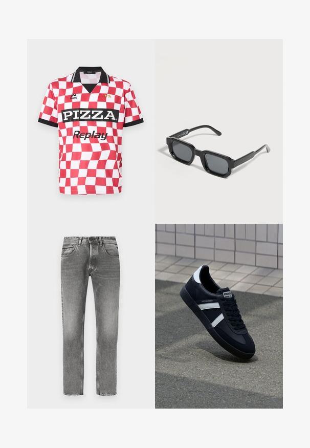 Rot-weiß kariertes Kurzarmtrikot mit schwarzem Kragen, "PIZZA"-Logo und zwei Sternen über dem Markennamen. Glatte Stofftextur.; Graue Jeans aus Denim mit geradem Bein, einem ausgewaschenen Finish, fünf Taschen, Gürtelschlaufen und kontrastierenden Steppnähten.; Schwarze Leder-Sneaker mit weißen Streifen, strukturiertem Gummisohle und Schnürung. Verfügt über ein Markenetikett auf der Zunge.; Schwarze rechteckige Sonnenbrille mit dicken Rahmen und dunkel getönten Gläsern, schräg auf weißem Hintergrund.