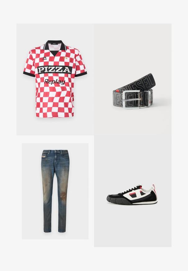 Rot-weiß kariertes Kurzarmtrikot mit schwarzem Kragen, "PIZZA"-Logo und zwei Sternen über dem Markennamen. Glatte Stofftextur.; Blaue Jeans aus Denim mit schmaler Passform, leichter Ausbleichung, abgenutzten Stellen und klassischem Fünf-Taschen-Design inklusive kleinem Logoetikett.; Diesel S PAGODHA LOW - Sneaker low - black; Schwarzer Diesel-Gürtel mit großem weißen Logotext, rechteckiger silberner Schnalle und gebrandetem Metallschlaufen-Detail, aufgewickelt auf hellem Hintergrund.