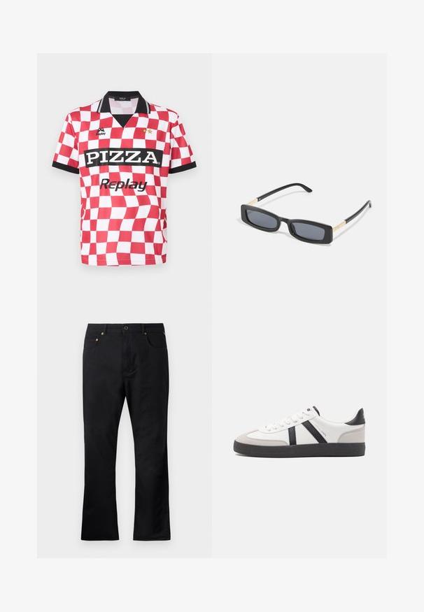 Rot-weiß kariertes Kurzarmtrikot mit schwarzem Kragen, "PIZZA"-Logo und zwei Sternen über dem Markennamen. Glatte Stofftextur.; Schwarze Jeans mit geradem Schnitt, ausgestattet mit Fronttaschen, einem Knopfverschluss und goldfarbenen Hardware-Details. Glatte Textur.; Weiße Sneaker mit schwarz- und grau-aczenten, ausgestattet mit einer strukturierten grauen Zehenkappe, schwarzer Gummi-Sohle und flachen weißen Schnürsenkeln. Sauberes Design, minimalistische Stil.; Rechteckige schwarze Sonnenbrille mit dunklen Gläsern. Schmale, flache Bügel mit einem goldenen Akzent. Glatter Kunststoffrahmen mit matter Oberfläche.