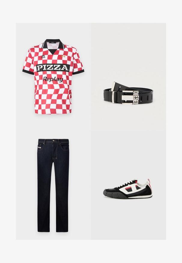 Rot-weiß kariertes Kurzarmtrikot mit schwarzem Kragen, "PIZZA"-Logo und zwei Sternen über dem Markennamen. Glatte Stofftextur.; Dunkelblaue Jeans aus Denim mit gerader Passform, die fünf Taschen, kontrastierende Nähte und einen Metallknopfverschluss aufweisen.; Diesel S PAGODHA LOW - Sneaker low - black; Schwarzer Ledergürtel mit silberner Metallschließe, auf der das Wort "DIESEL" zu sehen ist. Der Gürtel verfügt über mehrere Einstelllöcher entlang seiner Länge.