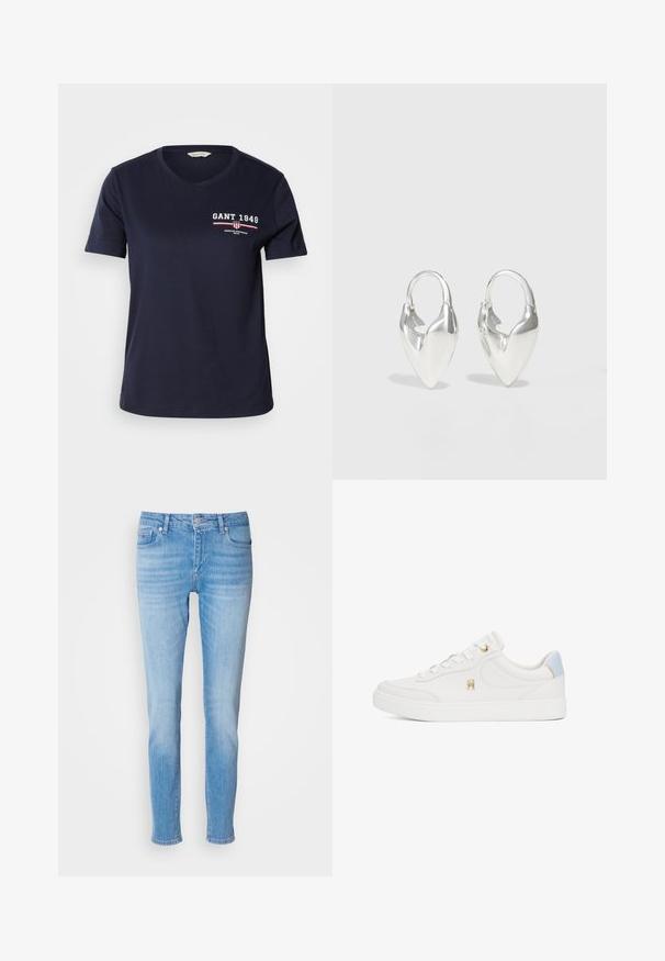 Camiseta de algodón azul marino con escote en V y mangas cortas, que presenta el texto del logo en blanco y rojo "GANT 1949" y detalles de diseño en el lado izquierdo del pecho.; Jeans de denim azul claro con un corte ajustado, diseño de cinco bolsillos y un cierre de botón clásico. La tela tiene una textura suave y gastada.; Zapatillas blancas de cuero con textura suave, detalles en dorado y una lengüeta azul claro en el talón. Presentan cordones planos y un diseño de punta redondeada.; Otiumberg ROSCIDA HEART HOOPS - Pendientes - silver-coloured