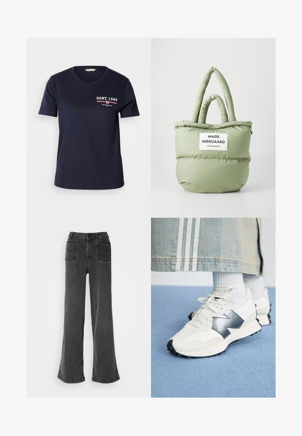 Marineblaue Baumwoll-T-Shirt mit V-Ausschnitt und kurzen Ärmeln, versehen mit weißem und rotem Logo-Text "GANT 1949" und Designelementen auf der linken Brust.; Hoch geschnittene, weit geschnittene schwarze Jeans aus Denim, ausgestattet mit einem Knopfverschluss, Gürtelschlaufen und zwei hinteren Taschen mit gestickten Akzenten.; Weiße Sportsneaker mit silbernem Akzent, strukturiertem Stoff und glattem Leder; mit einer schwarzen Gummisohle und Schnürsenkeln.; Gemütliche Tragetasche in hellgrün, mit zwei Schlaufengriffen und einem vorderen Etikett mit "MADS NØRGAARD COPENHAGEN" in schwarzem Text.