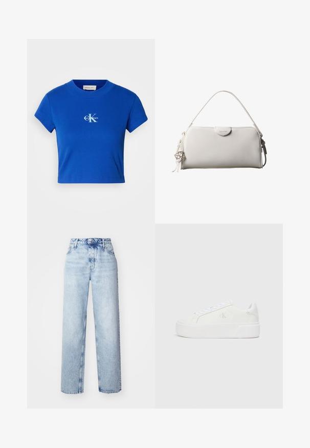 Helles blaues, kurzes T-Shirt mit einem weißen "CK"-Logo und dem Schriftzug "Calvin Klein", kurzen Ärmeln und rundem Ausschnitt.; Hellblaue High-Waist-Jeans mit lockerer Passform, geradem Bein, fünf Taschen und klassischem Knopf- und Reißverschluss.; Weiße Plattform-Sneaker mit einem glatten Leder-Obermaterial, abgerundetem Zehenbereich, weißen Schnürsenkeln und dezentem Logo-Detail an der Seite. Flache Gummisohle.; Weiße rechteckige Calvin Klein Handtasche mit einem einzelnen Henkel, minimalistischem Design und dekorativen Quasten mit geometrischem Metallanhänger an der Seite.