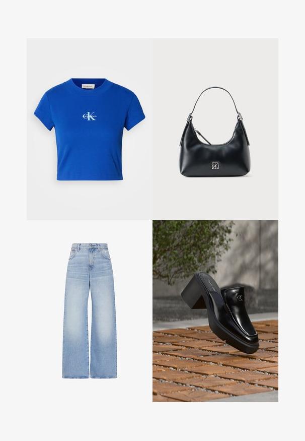 Lyseblå cropped t-shirt med et hvidt "CK" logo og teksten "Calvin Klein", korte ærmer og rund halsudskæring.; Lyseblå højtaljede jeans med vidde i benene, lukkes foran med knapper og lynlås, for- og baglommer samt en let slidt detalje på højre lomme.; Sort læder Calvin Klein slip-on mule med blokhæl, der hviler på trætøj udendørs nær en grøn plante og en grå væg.; Sort læder skuldertaske med et enkelt håndtag, lynlåslukning og et lille kvadratisk sølvlogo på forsiden.