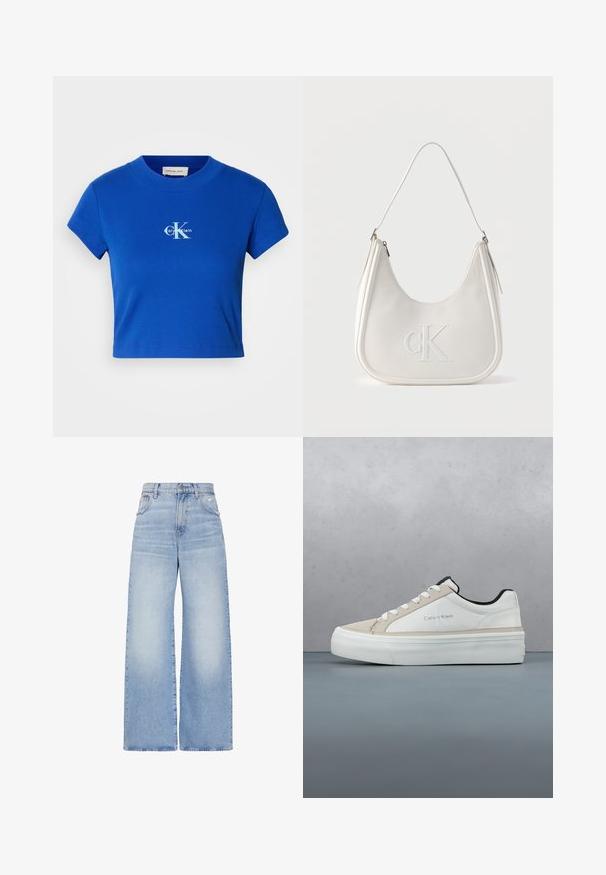 Helles blaues, kurzes T-Shirt mit einem weißen "CK"-Logo und dem Schriftzug "Calvin Klein", kurzen Ärmeln und rundem Ausschnitt.; Hellblaue Jeans mit hoher Taille und weitem Bein, vorne mit Knopf- und Reißverschluss, vorderen und hinteren Taschen sowie einem leicht verwaschenen Detail an der rechten Tasche.; Weißer Calvin Klein Sneaker mit schwarzer Innenausstattung und weißen Schnürsenkeln, der über einer gefliesten Holz- und Kiesoberfläche im Freien schwebt.; Weiße Leder-Umhängetasche mit Reißverschluss, geschwungener Form und erhabenem, auf der Vorderseite geprägtem CK-Logo.