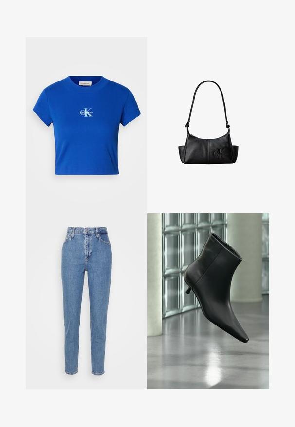 Svetlo modré skrátené tričko s krátkymi rukávmi a okrúhlym výstrihom, ktoré má biele logo "CK" a text "Calvin Klein".; Modré vysoko sohnuté rovné nohavice s predným gombíkom a zipsom, pútka na opasok a vrecká, vystavené na jednoduchom bielom pozadí.; Čierna kožená členková čižma so špicatou špičkou a nízkym kitten podpätkom, zobrazená šikmo na pozadí leštenej podlahy a steny zo sklenených blokov.; Čierna kožená taška cez rameno s dlhým popruhom, bočnými vreckami a vystúpeným logom Calvin Klein vpredu.