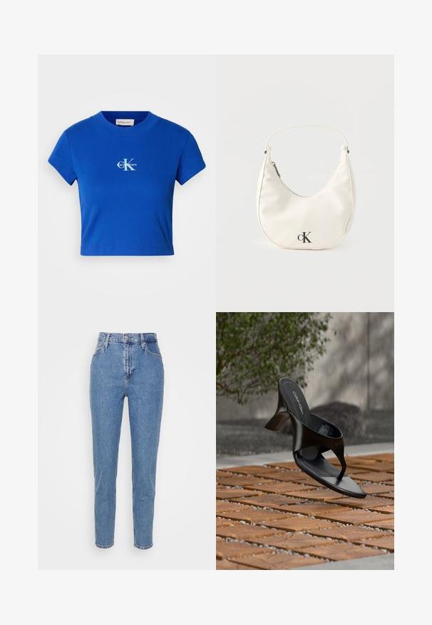 Helles blaues, kurzes T-Shirt mit einem weißen "CK"-Logo und dem Schriftzug "Calvin Klein", kurzen Ärmeln und rundem Ausschnitt.; Blaue hochtaillierte gerade Jeans mit verdecktem Knopf und Reißverschluss, Gürtelschlaufen und Taschen, vor einem schlichten weißen Hintergrund präsentiert.; Schwarze Calvin Klein Riemchensandale mit Absatz, schwebend über einer gefliesten Außenfläche mit Grünpflanzen und einer Betonwand im Hintergrund.; Kleine weiße halbmondenförmige Handtasche mit kurzem Trageriemen, Reißverschluss und schwarzem "cK"-Logo auf der Vorderseite.