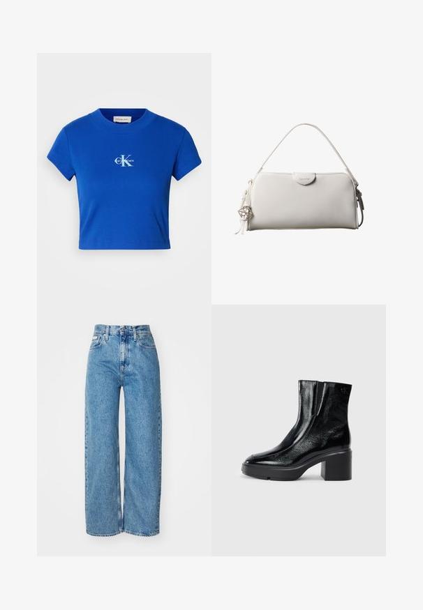 Camiseta corta de color azul brillante con un logo blanco de "CK" y el texto "Calvin Klein", mangas cortas y cuello redondo.; Jeans de mezclilla de pernera ancha en azul claro con cintura alta, dobladillo deshilachado y diseño de cinco bolsillos. La textura desgastada añade profundidad a la tela.; Botas de tobillo de charol negro con puntera curva, paneles laterales elásticos y un tacón ancho. Presentan un logo embosado en la parte posterior.; Bolso rectangular blanco de Calvin Klein con un solo asa, diseño minimalista y borlas decorativas con un charm metálico geométrico en el lateral.