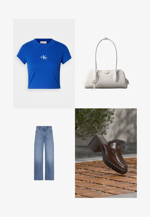 Helles blaues, kurzes T-Shirt mit einem weißen "CK"-Logo und dem Schriftzug "Calvin Klein", kurzen Ärmeln und rundem Ausschnitt.; Blaue Jeans aus Denim mit hoher Taille und weitem Bein, vorderen Taschen, Gürtelschlaufen und Knopfverschluss.; Braune Leder-Calvin Klein Absatzpantolette, die über einem Holzboden mit verschwommenem grünem Pflanzen- und Wandhintergrund schwebt.; Weiße Calvin Klein Schultertasche mit langen Griffen, rechteckiger Form, Reißverschluss und dekorativem Logo-Anhänger, der in der Nähe des Griffs hängt.