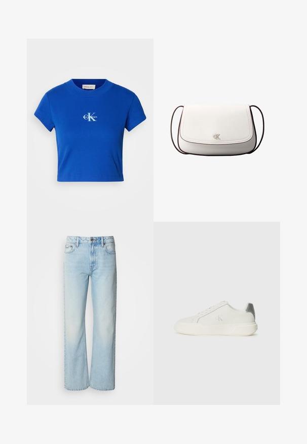 Helles blaues, kurzes T-Shirt mit einem weißen "CK"-Logo und dem Schriftzug "Calvin Klein", kurzen Ärmeln und rundem Ausschnitt.; Helle blaue weit geschnittene Jeans aus Denim, mit einem klassischen Fünf-Taschen-Design und einer dezenten, gewaschenen Textur. Die Denim-Nähte sind sichtbar.; Weißer Sneaker aus Leder mit glatter Textur, ausgestattet mit einem silbernen Akzent an der Ferse, flacher Sohle und minimalistischem Design.; Weiße Umhängetasche mit Klappverschluss, kleinem silbernem "cK"-Logo in der Mitte und dünnem, verstellbarem dunkelbraunem Riemen.