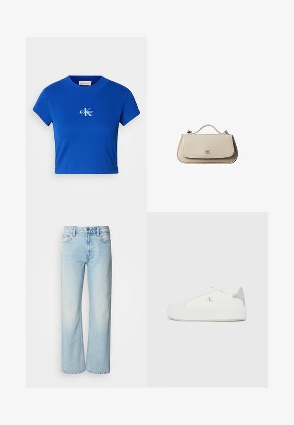 Svetlo modré skrátené tričko s krátkymi rukávmi a okrúhlym výstrihom, ktoré má biele logo "CK" a text "Calvin Klein".; Svetlomodré široké džínsy vyrobené z denimu, s klasickým päť-pocket dizajnom a jemnou vyblednutou textúrou. Švy z denimu sú viditeľné.; Biele plátené tenisky s hrubou bielou podrážkou, so strieborným kovovým akcentom na päte a jemným logom na boku.; Malá béžová kožená kabelka s horným držadlom a strieborným logom CK na prednej chlopni, zobrazená na bielom pozadí.