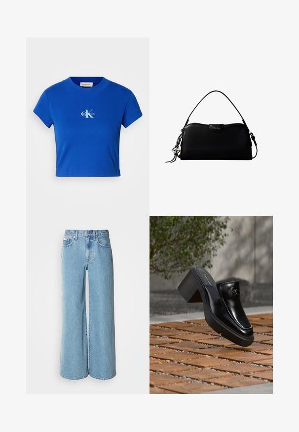 Svetlo modré skrátené tričko s krátkymi rukávmi a okrúhlym výstrihom, ktoré má biele logo "CK" a text "Calvin Klein".; Svetlomodré široké rifle vyrobené z denimu, s vysokým pásom, päticou vreciek a jemným vyblednutím na látke.; Čierne kožené šľapky Calvin Klein s blokovým podpätkom, ktoré oddychujú na drevených dlaždiciach vonku blízko zelenej rastliny a šedej steny.; Čierna obdĺžniková kabelka Calvin Klein s jedným horným remienkom, strieborným logom príveskom a malým preklopeným zapínaním na prednej strane.