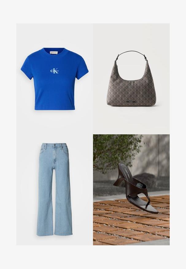 Svetlo modré skrátené tričko s krátkymi rukávmi a okrúhlym výstrihom, ktoré má biele logo "CK" a text "Calvin Klein".; Svetlomodré široké džínsy vyrobené z denimu, s upnutým pásom, piatimi vreckami a jemnými švovými detailmi.; Hnedá šľapka na podpätku značky Calvin Klein s remienkom, zavesená nad drevenou dlaždicou a štrkovým vonkajším povrchom s rozmazaným zeleným a kamenným pozadím.; Hnedá taška na rameno Calvin Klein s čiernym geometrickým vzorom, jedným čiernym remienkom a zipsovým uzáverom na vrchu.