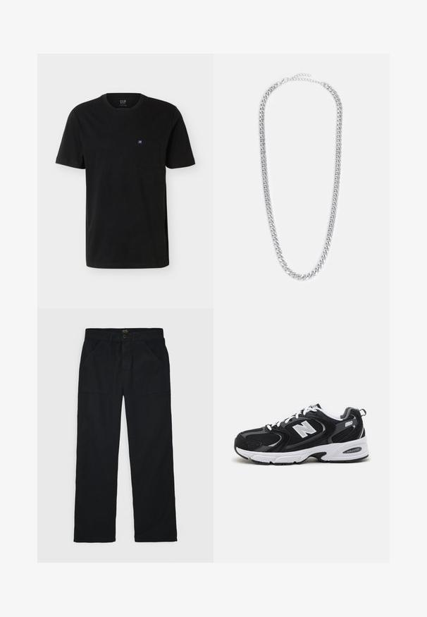 Musta lyhythihainen pyöreäkauluksinen T-paita, jossa rintatasku ja pieni sinivalkoinen GAP-logotunnus.; Stan Ray FAT PANT - Straight leg -farkut - black; Mustat ja harmaat urheilukengät, joissa on verkkokangas- ja keinonahka päällyste, valkoinen välipohja, nauhat sekä rohkea "N"-logo sivussa.; Hopeaketjussa on hopeinen metalliketju, jossa on toisiinsa kytkeytyviä linkkejä, sileä pinta ja säädettävä solki pituuden mukauttamiseksi.