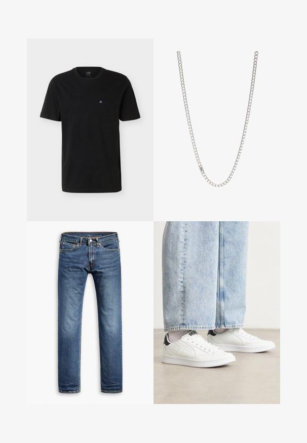 Sort T-shirt med korte ærmer og rund hals med brystlomme, der har et lille blå-hvidt GAP-logo.; Blå denim jeans med lige ben-design, klassisk fem-lomme stil, subtil blegning og syninger langs sømmene.; Hvide sneakers med en glat lædertekstur, sorte hæl detaljer og perforerede elementer. Sammen med lyseblå bukser med vide ben i denim.; Sølv kædedesign med sammenkoblede led, glat tekstur og ensartet rektangulær form. Sikker lukning.