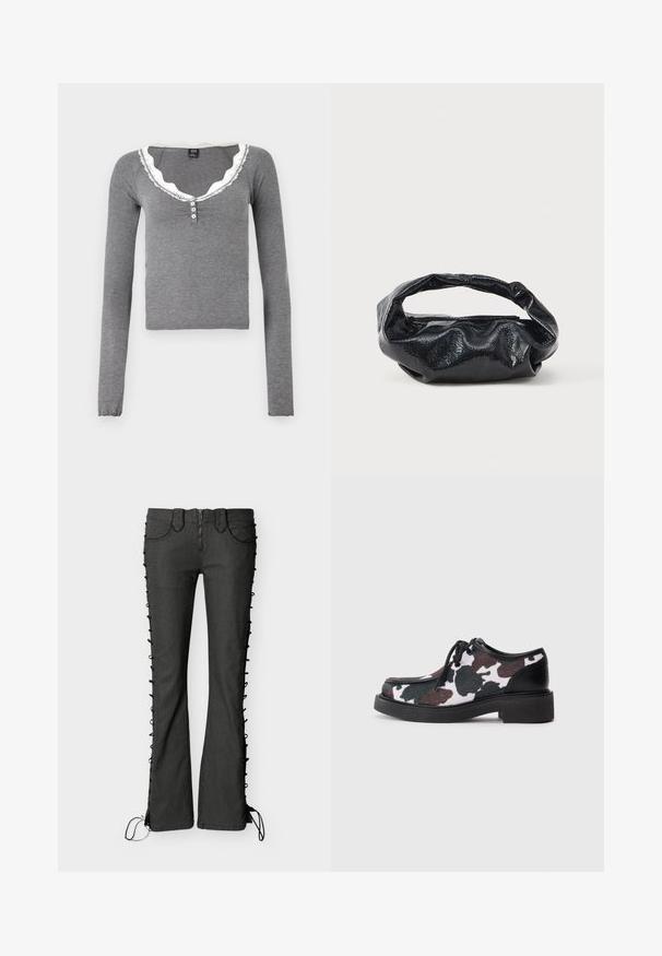 BDG Urban Outfitters DIANA - Μπλούζα με μακριά μανίκια - grey; Μαύρο τζιν παντελόνι με καμπάνα και σχέδιο δέσιμου στα πλάγια, με φερμουάρ και σχέδιο τεσσάρων τσεπών. Ομαλή υφή και εφαρμοστή σιλουέτα.; Δερμάτινα παπούτσια με σχέδιο αγελάδας σε λευκό, μαύρο και καφέ, με παχιά, μαύρη καουτσούκ σόλα και μαύρες λεπτομέρειες στη φτέρνα και στην περιοχή των κορδονιών.; Μαύρη τσάντα φτιαγμένη από γυαλιστερό, υφασμάτινο υλικό με κυκλική, στροβιλισμένη λαβή και κλείσιμο με φερμουάρ. Διαθέτει ένα μαλακό, ζαρωμένο σχέδιο.