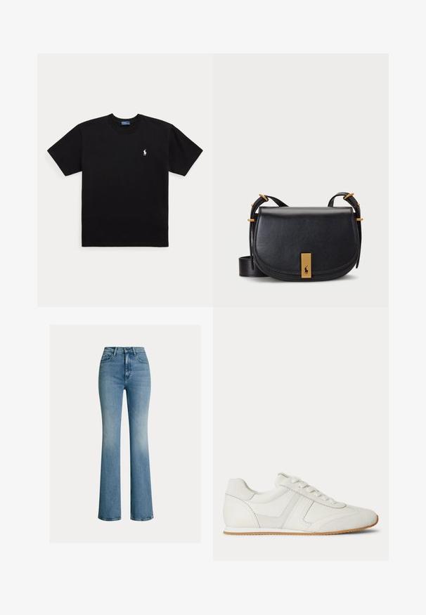 Sort T-shirt med korte ærmer og rund halsudskæring med lille hvidt broderet Polo Ralph Lauren-logo på venstre bryst.; Blå cowboybukser med høj talje, forlommer, bæltestropper og en let flared kant.; Hvid lavtop sneaker med snørelukning foran, ruskind- og læderpaneler og en lysebrun gummisål på en hvid baggrund.; Sort læder crossover taske med buet form, guldfarvet hardware og en frontplade med logo. Justerbar rem inkluderet.