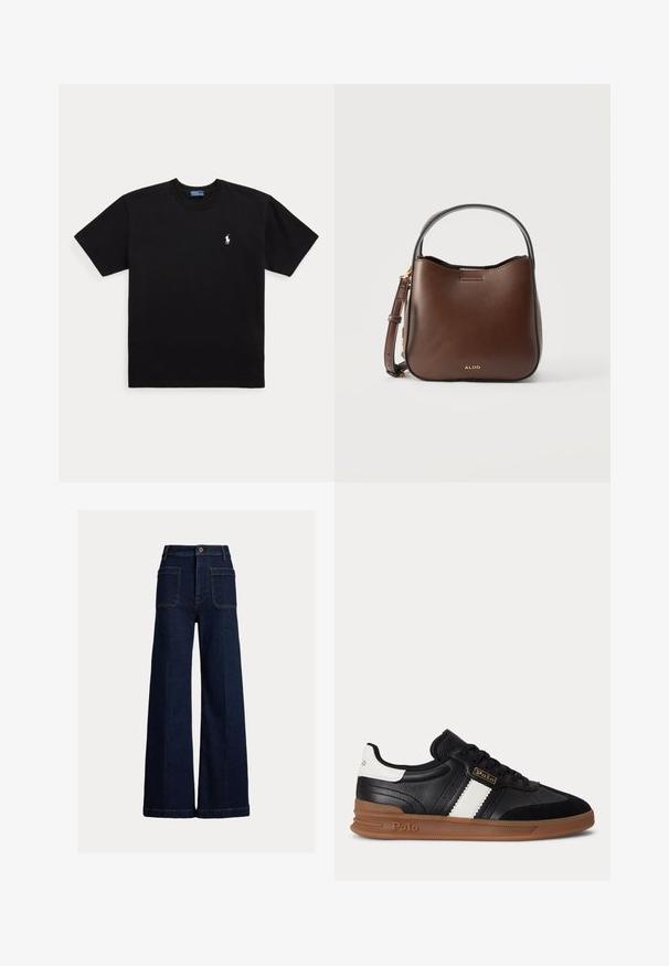 Must must lühikeste varrukatega ümara kaelusega T-särk, millel on vasakul rinnal väike valge brodeeritud Polo Ralph Laureni logo.; Tume sinised laiad teksapüksid eesmiste plaastritaskutega, vööaasade ja nööpkinnitusega ühtlasel heledal taustal.; Mustast nahast toss, valge triibu, pruuni kummist tald ja Polo logo küljel ning kandil, nähtuna välisküljelt.; Pruun nahast Aldo käekott lühikese sangaga ja reguleeritava õlakotiga valgel taustal.