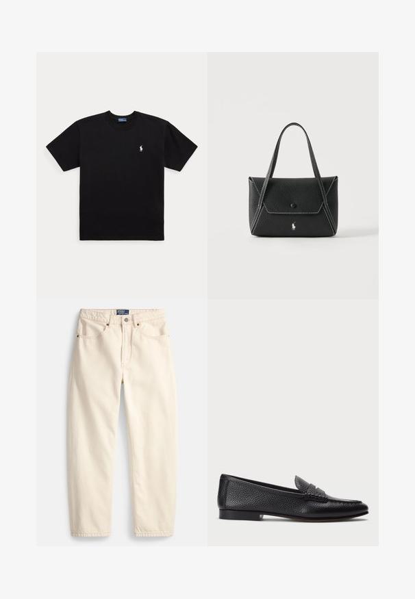 Must must lühikeste varrukatega ümara kaelusega T-särk, millel on vasakul rinnal väike valge brodeeritud Polo Ralph Laureni logo.; Kreemikas teksariidest sirge säärega püksid, ees taskud ja peene pealõikega detail. Metallist nööp ja tõmblukuga sulgemine.; Must värvi nahast loafer tekstureeritud viimistlusega, dekoratiivse rihmaga ja madala kanna ning sileda, minimalistliku disainiga ümmarguse ninaga.; Mustast nahast käekott kahe sangaga, esiklapiga, millel on nööbi sulgur, valged õmblused ja väike hobuse logo ühevärvilisel taustal.