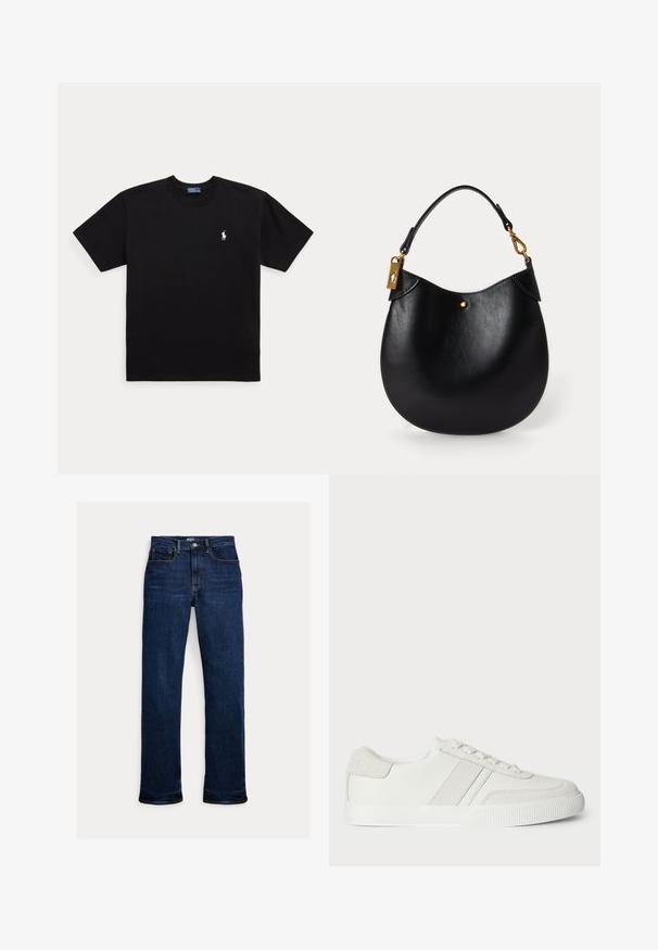 T-shirt noir à manches courtes et col rond avec petit logo brodé blanc Polo Ralph Lauren sur la poitrine gauche.; Jean droit en denim bleu foncé avec bouton et fermeture éclair à l'avant, design à cinq poches et coutures visibles.; Basket blanche avec une tige en cuir lisse, des accents en suède et des lacets plats. Dispose d'une semelle en caoutchouc texturée et d'un design minimaliste.; Sac à main en cuir noir de forme arrondie, avec une courte poignée, des accents en or et un subtil point doré à l'avant. Texture lisse.